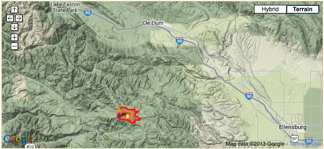 CLICK FOR LARGE DETAILED MAP. Updated Manastash Ridge Fire footprint map